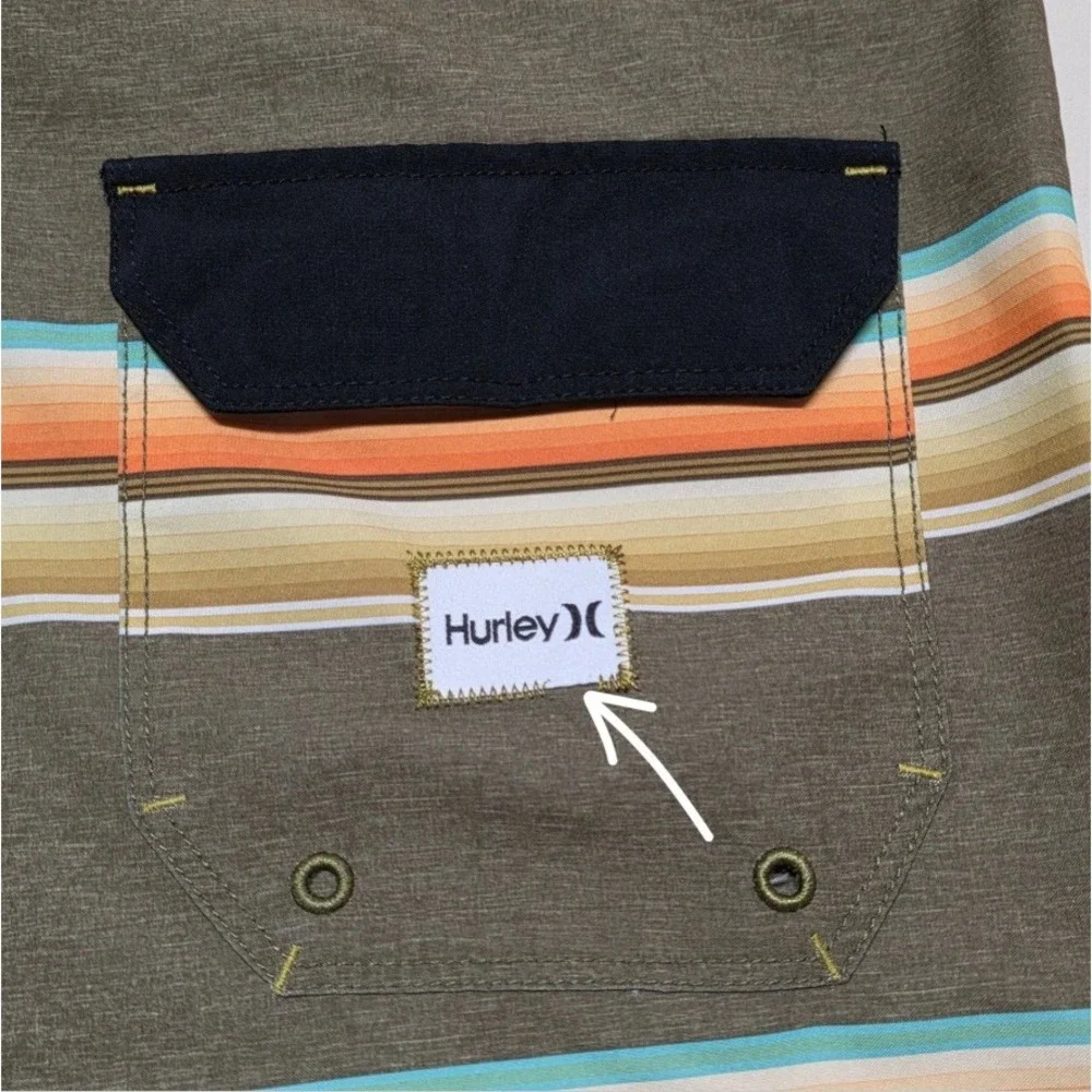 Hurley Mens Board Shorts Size 32 Olive Green Striped Surf Swim Trunks Drawstring